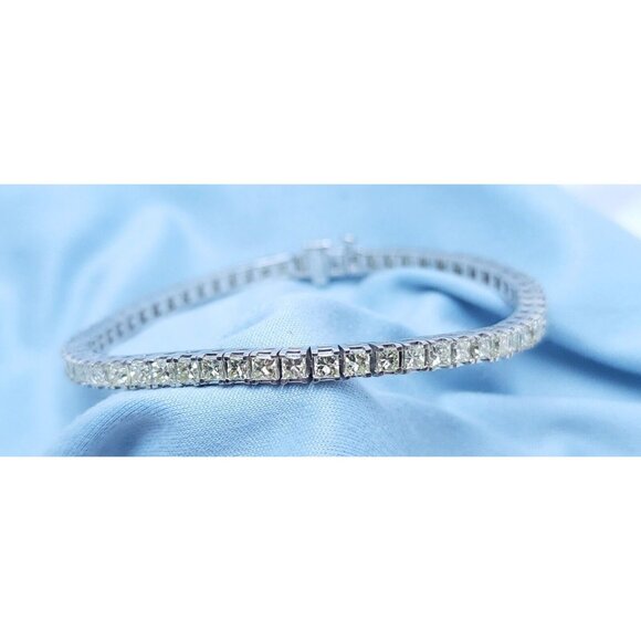 14K Solid White Gold Designer Princess Cut Diamond Tennis Link Bracelet 7.25" L - Picture 1 of 16